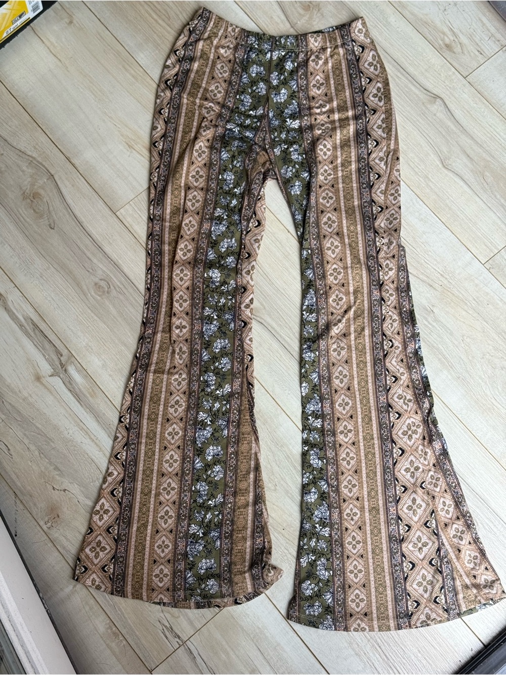 Boho Printed Flared Pants in Olive & Tan